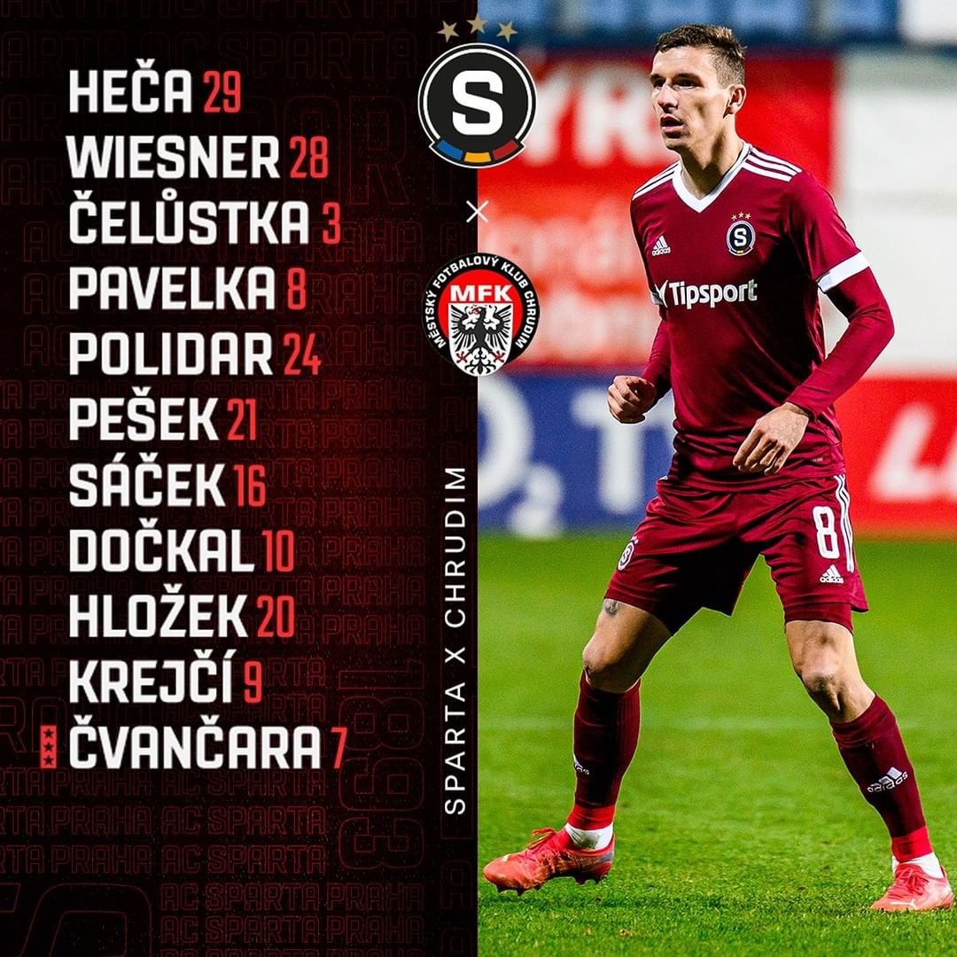 1️⃣1️⃣ SESTAVA | Do prvního přípravného zápasu proti Chrudimi nastoupíme takto:

Heča – Wiesner, Čelůstka, Pavelka, Polidar – Pešek, Sáček, Dočkal, Hložek, Laco Krejčí – Čvančara.

? Utkání můžete sledovat od 11:00 na live.sparta.cz. #acsparta